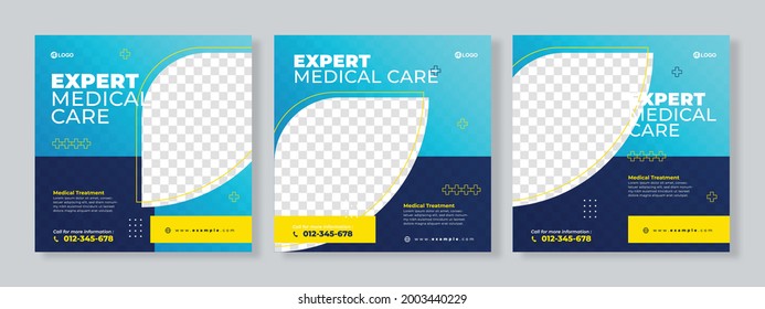 Set Of Three Blue Yellow Geometric Background Of Medical Expert Banner Social Media Pack Template Premium Vector