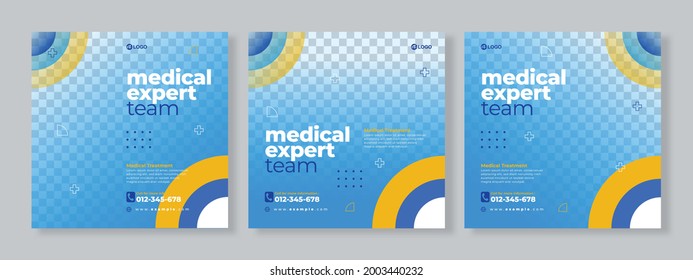 Set of three blue yellow geometric background of medical expert banner social media pack template premium vector