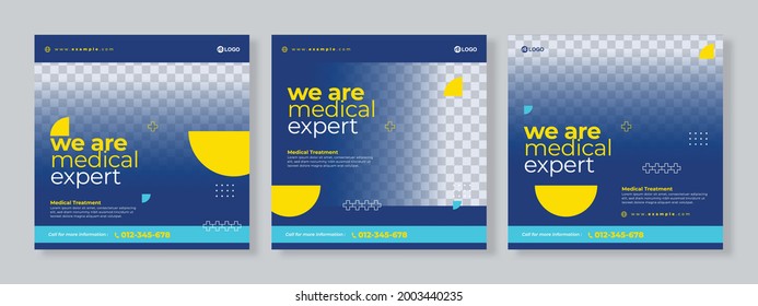 Set of three blue yellow geometric background of medical expert banner social media pack template premium vector