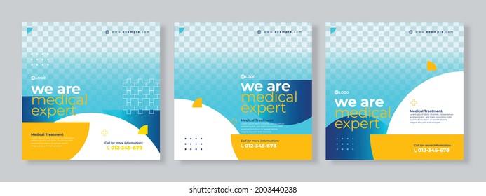 Conjunto de tres fondo geométrico amarillo azul del banner experto médico planilla de paquete de medios sociales premium vector