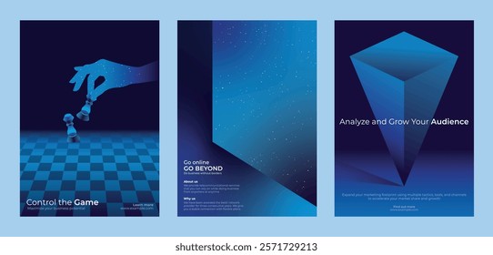 Set of three blue-themed posters. Chess hand, digital landscape, and 3D shape. Themes: control, online growth, audience analysis. Modern, abstract design. Innovative business templates.