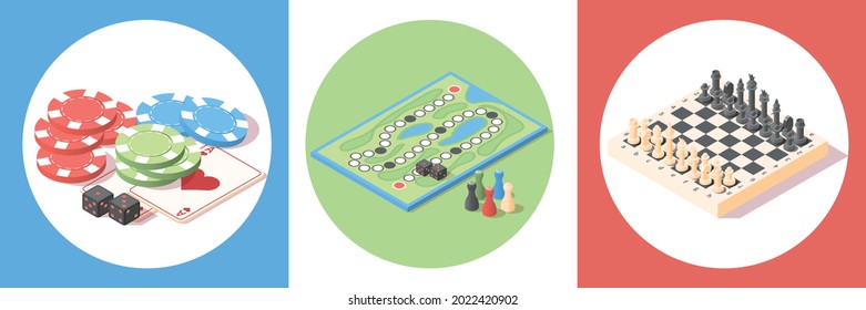 Set of three board games isometric round compositions with poker cards dice chips and chess board vector illustration