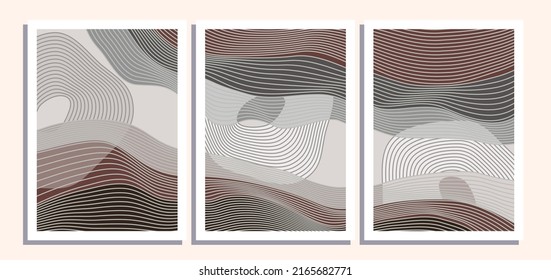 Set of three bohemian poster background with mid century element, pottery, palm and abstract shape element. Suitable for background, poster, cover, flyer, wall art, home decor and other template.