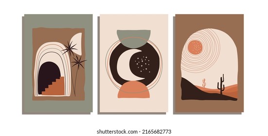 Set of three bohemian poster background with mid century element, pottery, palm and abstract shape element. Suitable for background, poster, cover, flyer, wall art, home decor and other template.