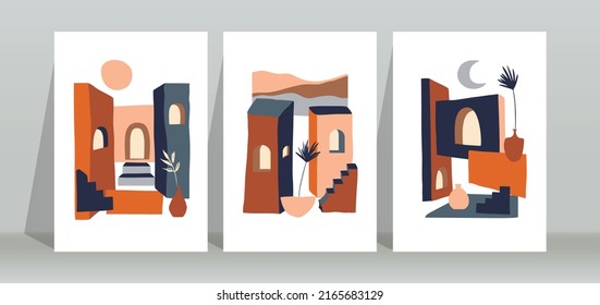 Set of three bohemian poster background with mid century element, pottery, palm and abstract shape element. Suitable for background, poster, cover, flyer, wall art, home decor and other template.