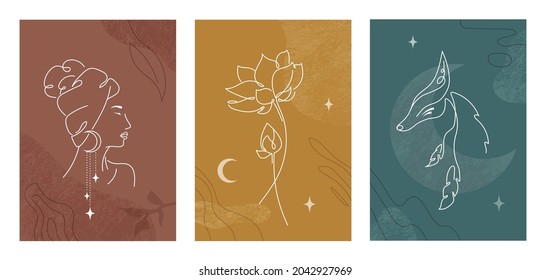 Set of three bohemian posters , ethnic woman portrait, lotus flowers and spiritual fox portrait