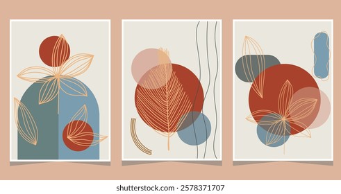 Set of three boho abstract modern posters with geometric and organic shapes in earthy tones. Minimalist wall art.