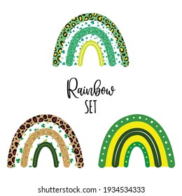 Set of three boho, scandinavian style rainbows,  with shamrocks, animal leopard texture, stipple green. Vector illustration. For kids, baby shower, T-shirt prints.