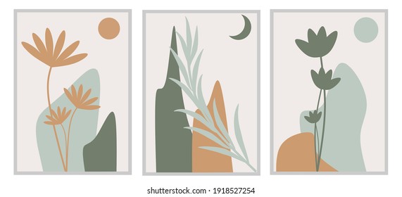 Set three of bontanical flowers wall art. Minimalist wall decor with pastel color. Scandinavian style vector Ilustration wall Decorations. Can use for social media, poster, background and template.