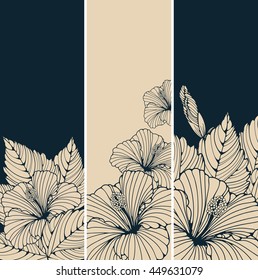 A Set Of Three Bookmark Backgrounds With Hibiscus Flowers Patterns In Ivory And Black,