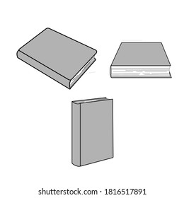 Un conjunto de tres libros en varias proyecciones, un libro cerrado con una cubierta gris gruesa, material didáctico ilustración vectorial