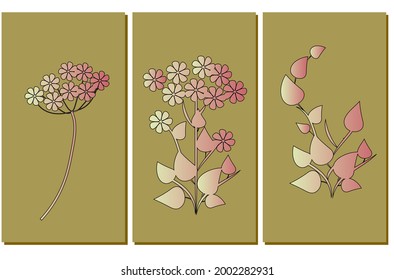 A set of three botanical drawings for wall decoration, card design and covers. Vector illustration
