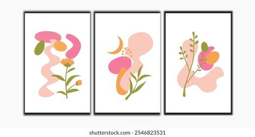 Set of three botanical flower wall art. Organic shapes boho poster vector collection.