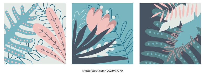 Set of three botanical illustrations with flowers and leaves. Blue and pink pastel colors. Design for print, textile, cover, wallpaper, interior