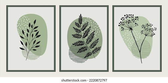 Set of three botanical illustrations in minimalist style and green colors for poster, t-shirt print, cover, banner. Printable herbs. Scandinavian style.