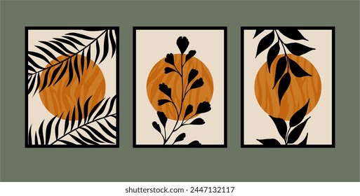 Set of three botanical illustrations in minimalist style for poster, print, cover, banner. Printable herbs. Scandinavian style.