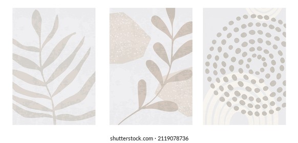 Set of three botanical posters vector illustration. Foliage drawing and abstract shapes. Minimal, natural, leaves and ferns art print. Abstract plant design for background, wallpaper, card, wall art
