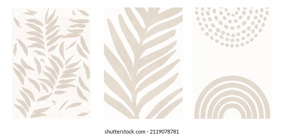 Set of three botanical posters vector illustration. Foliage drawing and abstract shapes. Minimal, natural, leaves and ferns art print. Abstract plant design for background, wallpaper, card, wall art