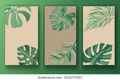 Set of three botanical-themed templates for social media posts, featuring green leaves on beige backgrounds, displayed against a green background. Concept of nature-inspired design