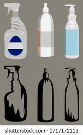 A set of three bottles of antiseptic in two versions, color and black and white. A set for magazines, websites, memos, and more. Vector illustration.