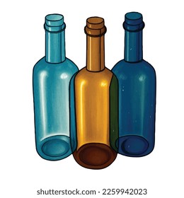 A set of three bottles of in different colors of blue and brown.