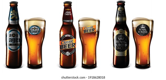 Set of three bottles and glasses of foamy beer. Highly realistic illustration with transparency effect.
