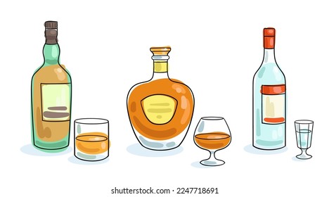 Set of three bottles of strong alcohol. Whiskey, cognac, vodka with glasses. Vector flat illustration in line style. Black contour with colored spots. Isolated on white. Template for menu design