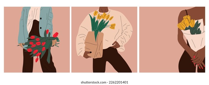 Set of three Bouquet hand holding tulips. March 8 Valentine's Day