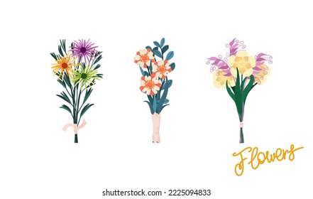 Set of three bouquets of flowers. Different compositions of branches, flowers, grass and leaves. Ready-made decorative templates. Vector graphics