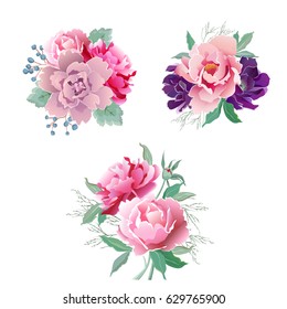 A set of three bouquets of flowers in pink tones. Beautiful vector flowers
