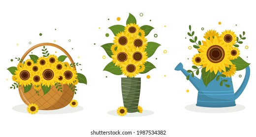 A set of three bouquets of sunflowers in a garden watering can, in a wicker basket, in a green vase and in a blue watering can. Vector illustration for your design