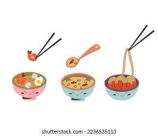 Set of three bowl with asian food with cutlery Korean miso soup Tteokbokki Japanese ramen. Vector stock illustration isolated on white background. Flat style 