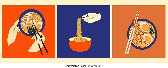 Set of three Bowl noodles and chopsticks. Ramen. Asian food. Chinese, Korean, Japanese cuisine. Hand drawn vector illustration.