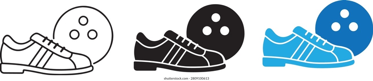 A set of three bowling icons featuring a ball and shoe in outline, solid black, and blue styles.
