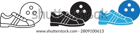 A set of three bowling icons featuring a ball and shoe in outline, solid black, and blue styles.