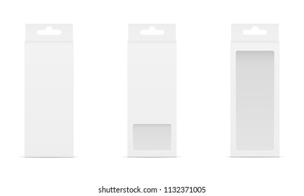 Set of three boxes with transparent window and hanger. Packaging for mobile accessories. Vector illustration