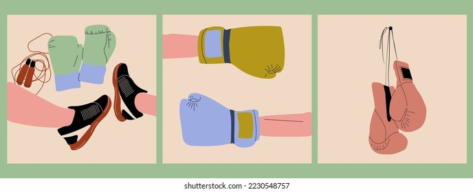 Set of three Boxing gloves. Equipment for fight competition, hanging and protection hand	