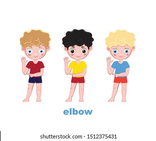 A set of three boys pointing their fingers at their body part, an elbow. Poster for kindergarten.
