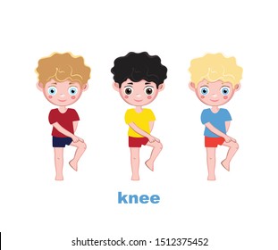 A set of three boys pointing their fingers at their body part is the knee. Poster for kindergarten.