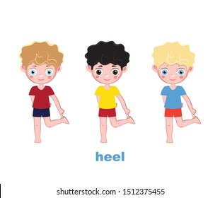 A set of three boys pointing their finger at their body part, the heel. Poster for kindergarten.