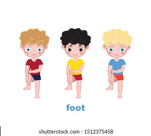 A set of three boys pointing their finger at their body part - the foot. Poster for kindergarten. 
