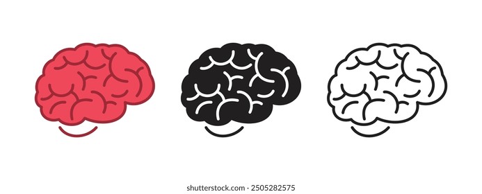 A set of three brain icons: red, black, outline, minimalist style.