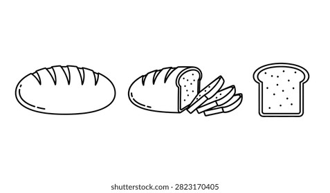 A set of three bread icons in line art style, including a loaf, sliced bread, and toast, isolated on a
