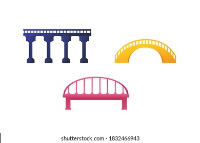 Satz von drei Brücken, flache Illustration einzeln auf weißem Hintergrund. Flaches, einfaches Design klassischer Brücken. Explizite Konstrukte.