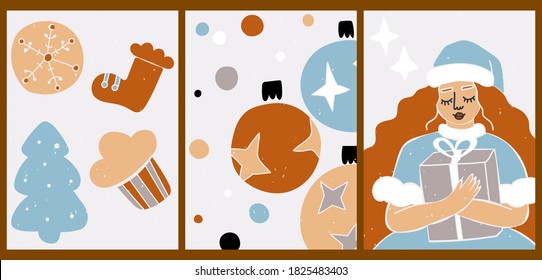 A set of three bright abstract aesthetic Christmas posters. Invitation card for New Year's party. Festive winter backgrounds with cartoon girl, gifts, cookies, balls. Illustrations for social media.