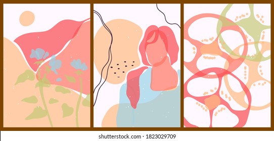 Un conjunto de tres ambientes estéticos abstractos y abstractos con la silueta de rostros femeninos, flores y plantas. Ilustración vectorial colorida de moda para medios sociales, diseño web de estilo vintage.