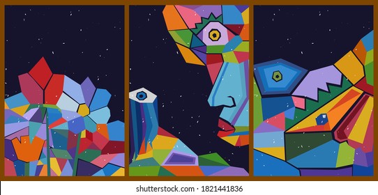 A set of three bright abstract minimalistic aesthetic backgrounds with various geometric shapes. Trendy colorful vector illustration for social networks, web design in vintage Cubism style.