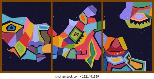 A set of three bright abstract minimalistic aesthetic backgrounds with various geometric shapes. Trendy colorful vector illustration for social networks, web design in vintage Cubism style.