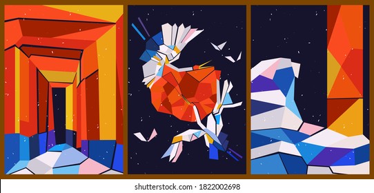 A set of three bright abstract minimalistic aesthetic backgrounds with various geometric shapes. Trendy colorful vector illustration for social networks, web design in vintage Cubism style.