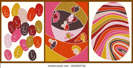 A set of three bright abstract minimalistic aesthetic backgrounds with silhouettes of diverse people, hands, faces. Trendy colorful vector illustration for social media, web design in vintage style.